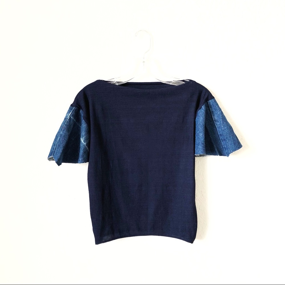 Semi Sheer Boat Neck T-Shirt Denim Ruffle Sleeves!